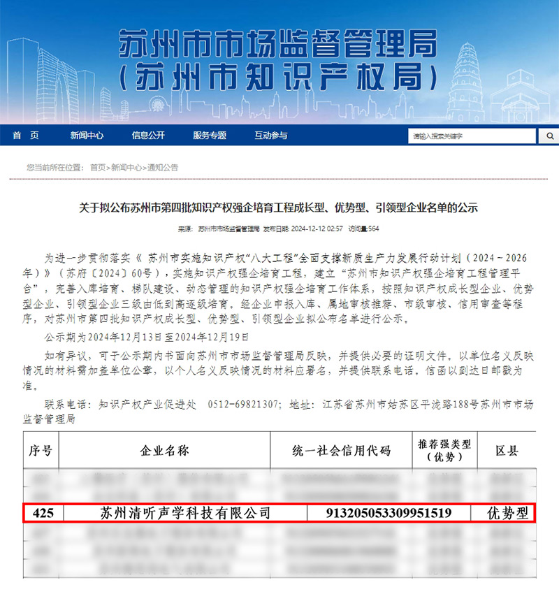 清聽聲學憑借卓越的知識產權管理與創新能力，成功入選“優勢型企業”。