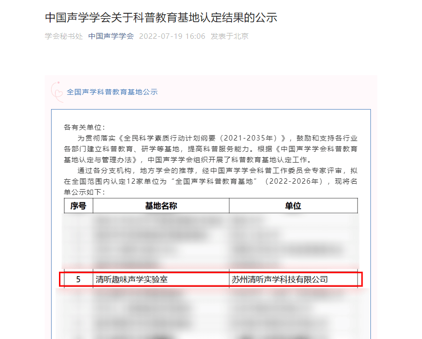 清聽聲學(xué)“清聽趣味聲學(xué)實(shí)驗(yàn)室”成功認(rèn)定“全國聲學(xué)科普教育基地”